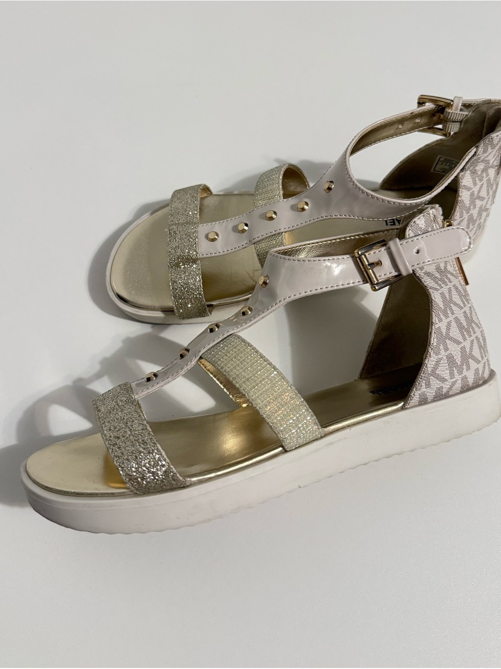 Michael Kors Gold and Cream Glitter T-Strap Sandals